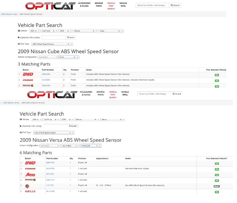 This is a split image showing the different part numbers for the Versa and Cube ABS-sensors. Image courtesy of OpticatOnline